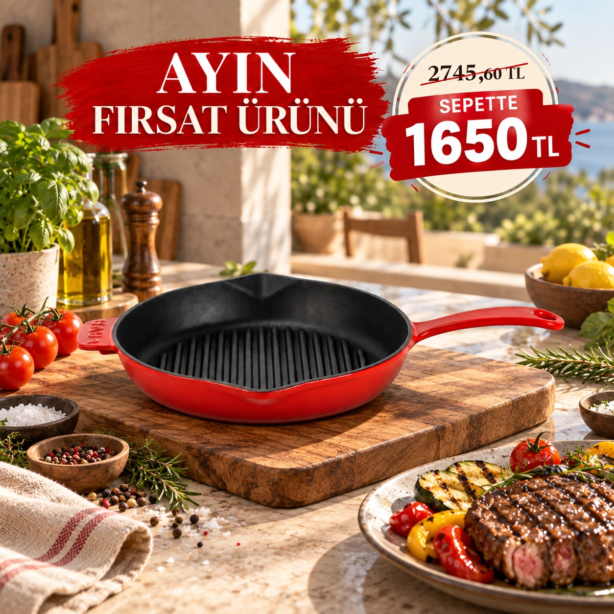 Lava Döküm Yuvarlak Izgara Tava Döküm Demir Yekpare Saplı Çap(Ø)28cm.