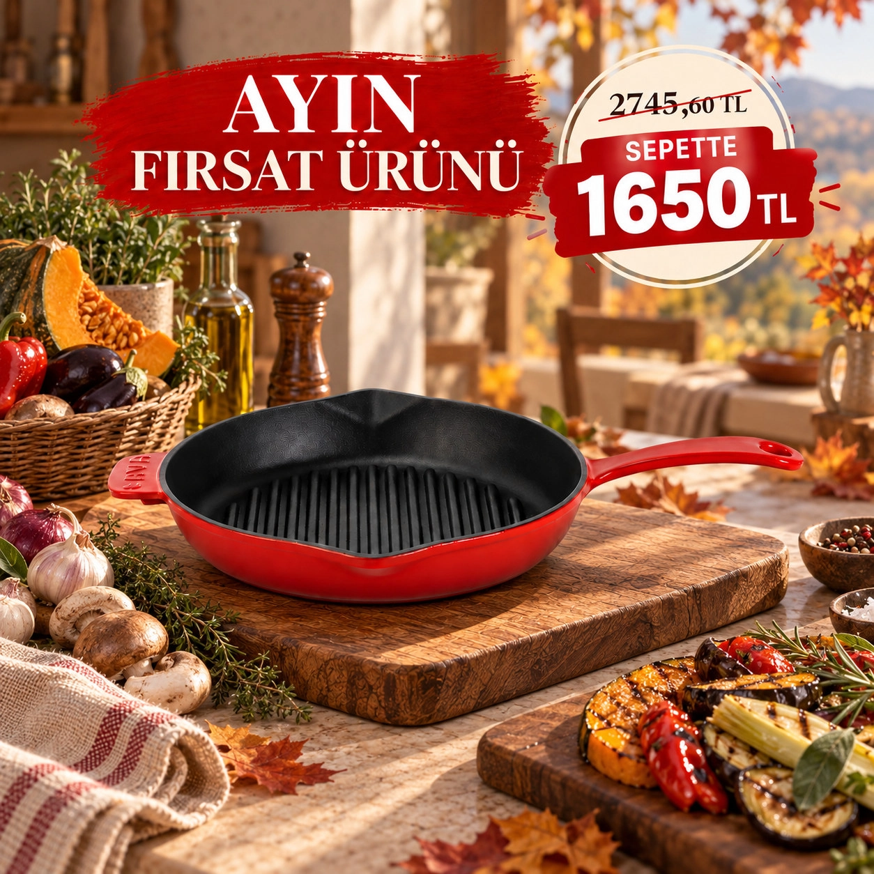Lava Döküm Yuvarlak Izgara Tava Döküm Demir Yekpare Saplı Çap(Ø)28cm.