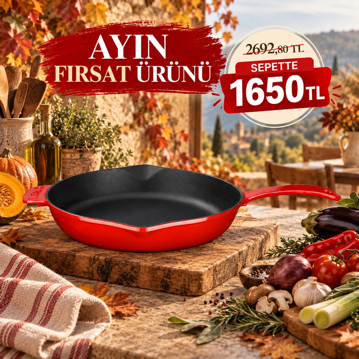 Lava Döküm Yuvarlak Kızartma Tavası Döküm Demir Yekpare Saplı. Çap(Ø)28cm