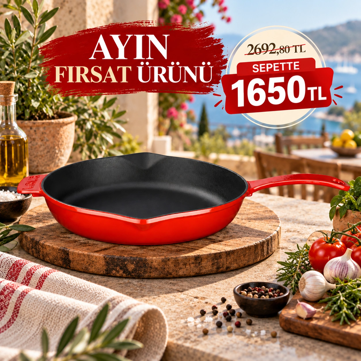 Lava Döküm Yuvarlak Kızartma Tavası Döküm Demir Yekpare Saplı. Çap(Ø)28cm