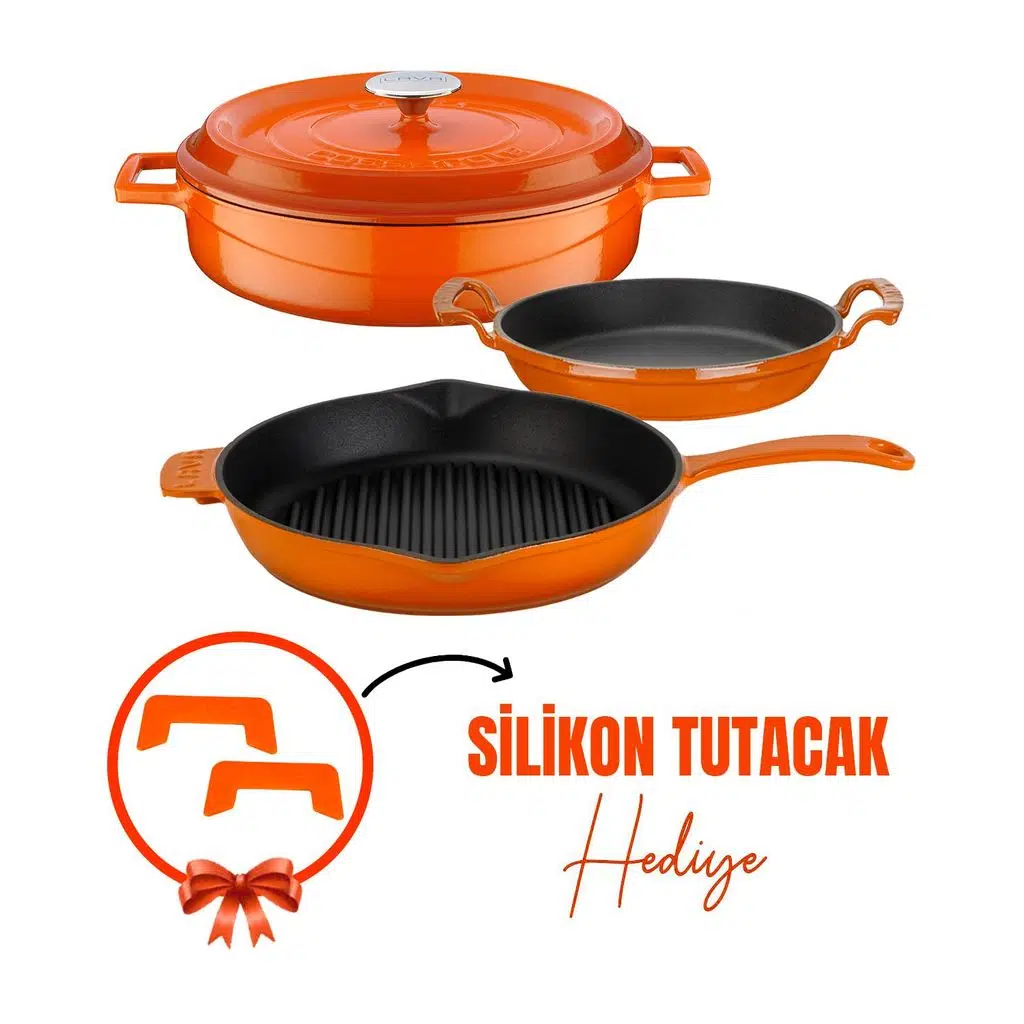 Lava Döküm Çeyiz Seti - Dayanıklı ve Uzun Ömürlü Mutfak Seti - Turuncu