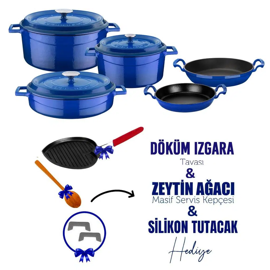 Lava Döküm Çeyiz Seti - Sağlıklı ve Uzun Ömürlü Mutfak Seti - Mavi