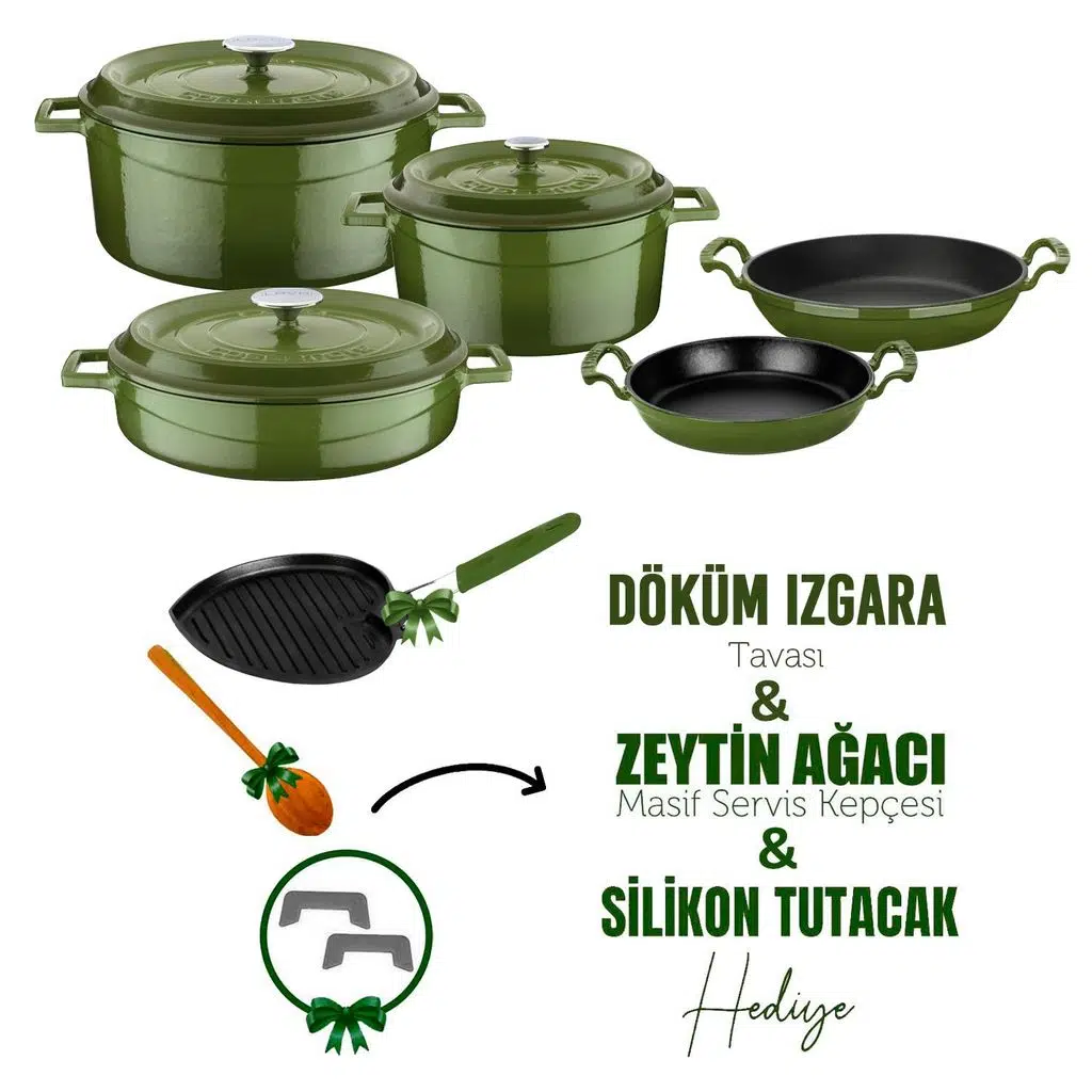 Lava Döküm Çeyiz Seti - Sağlıklı ve Uzun Ömürlü Mutfak Seti - Yeşil