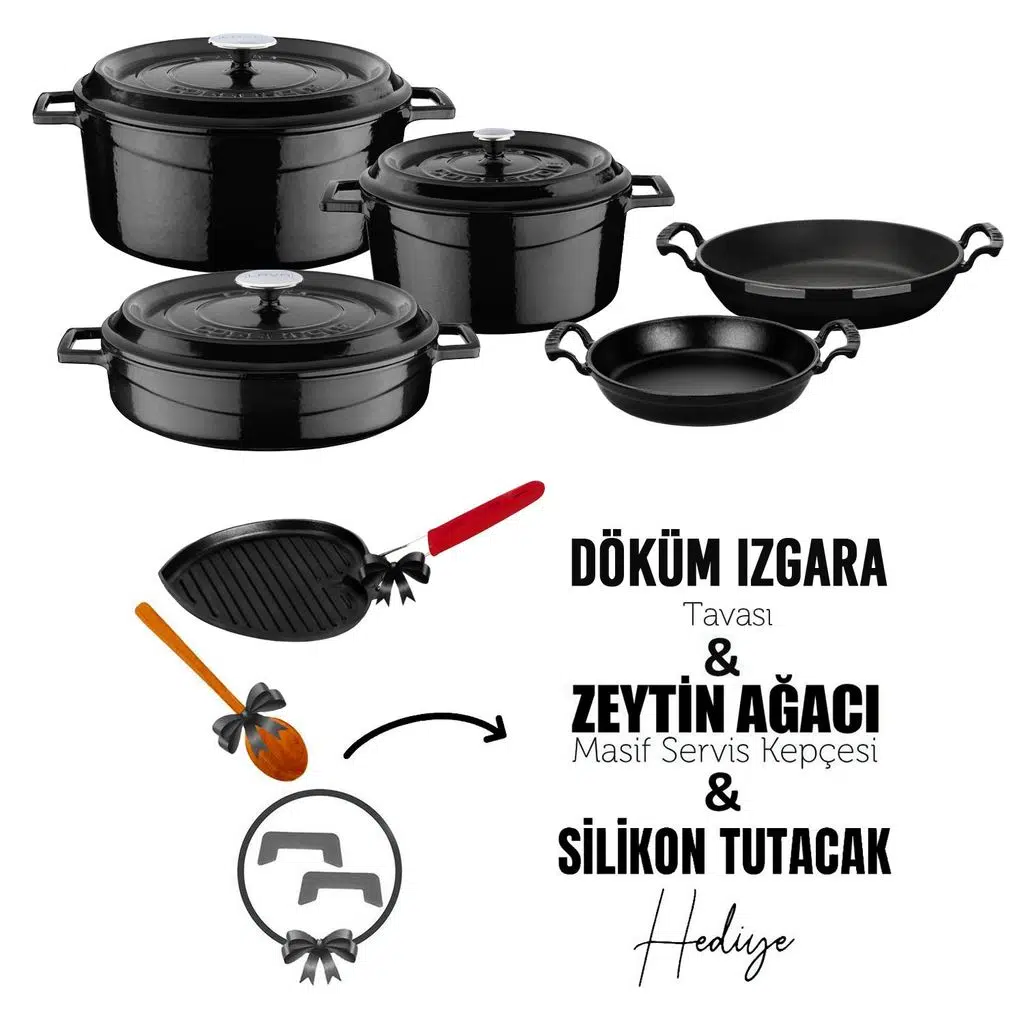Lava Döküm Çeyiz Seti - Sağlıklı ve Uzun Ömürlü Mutfak Seti - Siyah