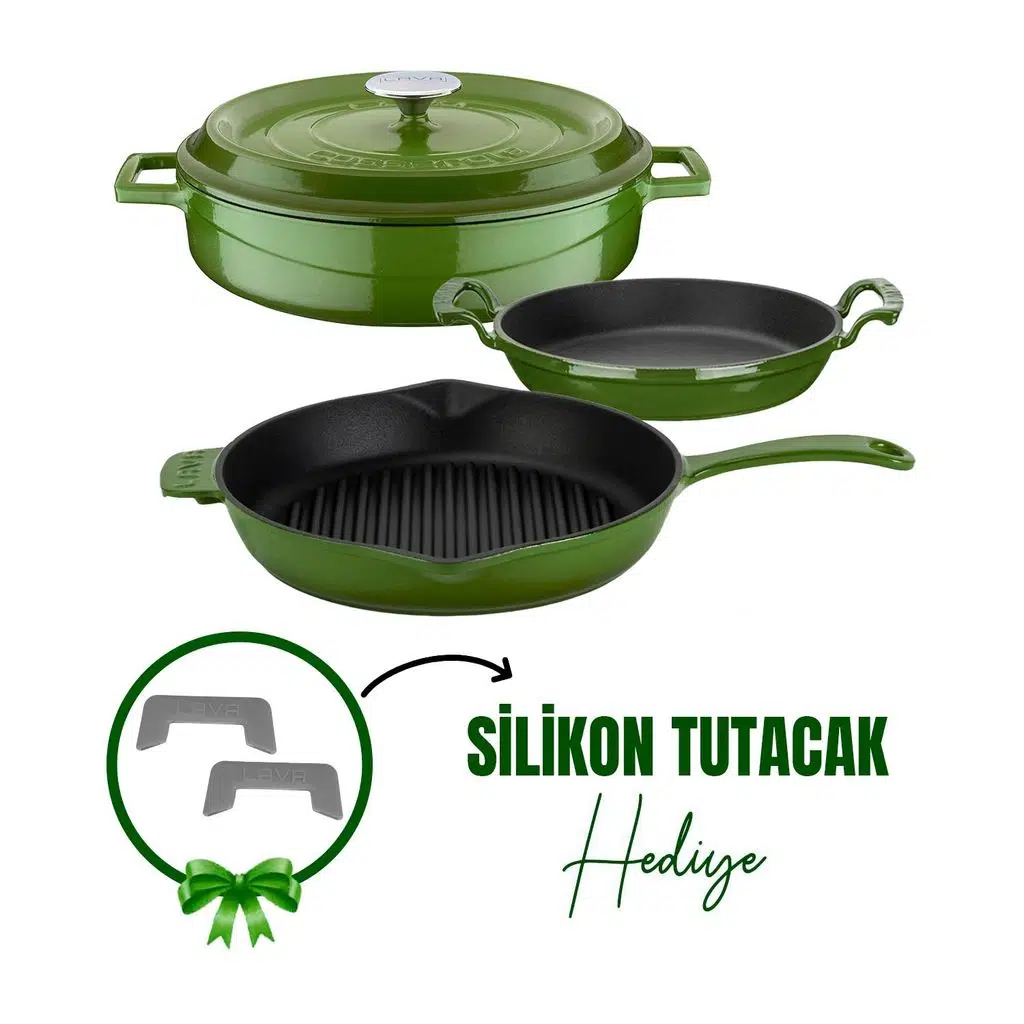 Lava Döküm Çeyiz Seti - Dayanıklı ve Uzun Ömürlü Mutfak Seti - Yeşil