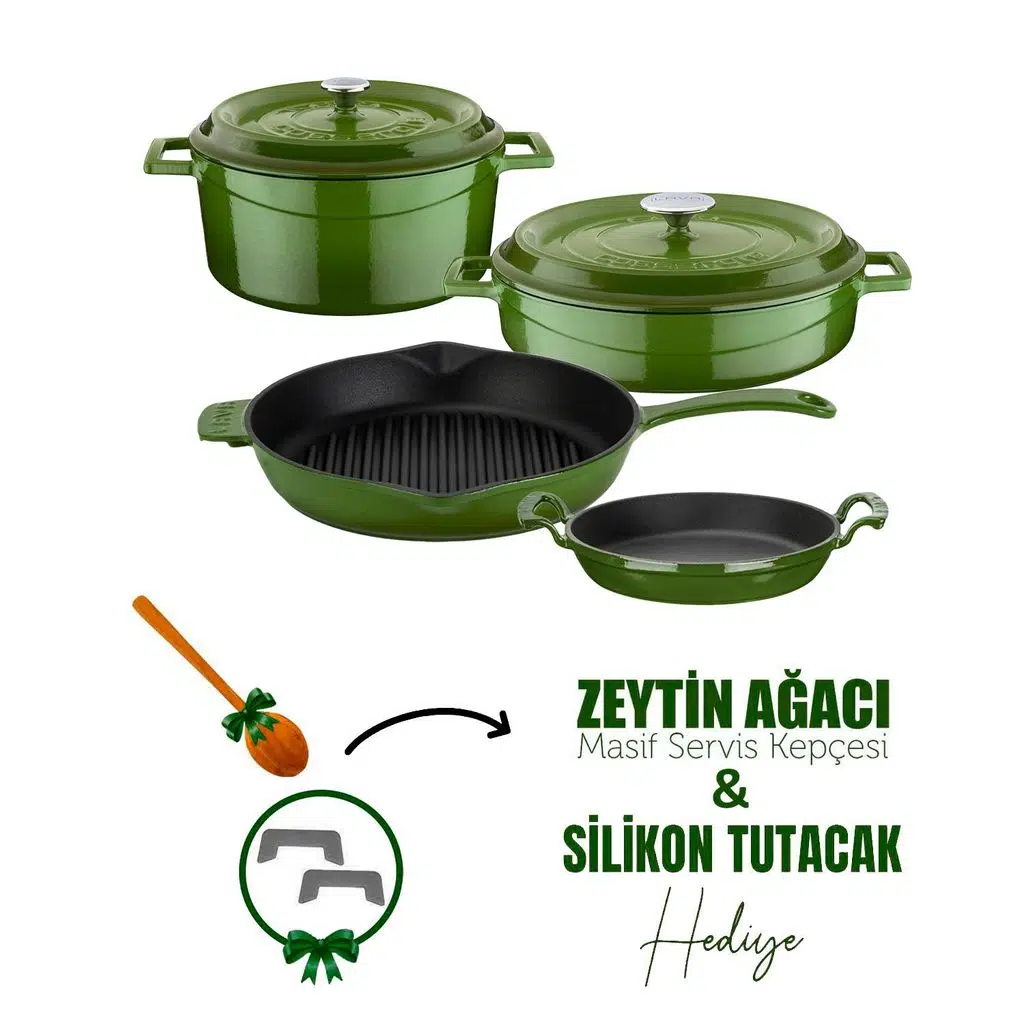 Lava Döküm Çeyiz Seti - Mutfakta Uzun Yıllar Güvenle Kullanım - Yeşil