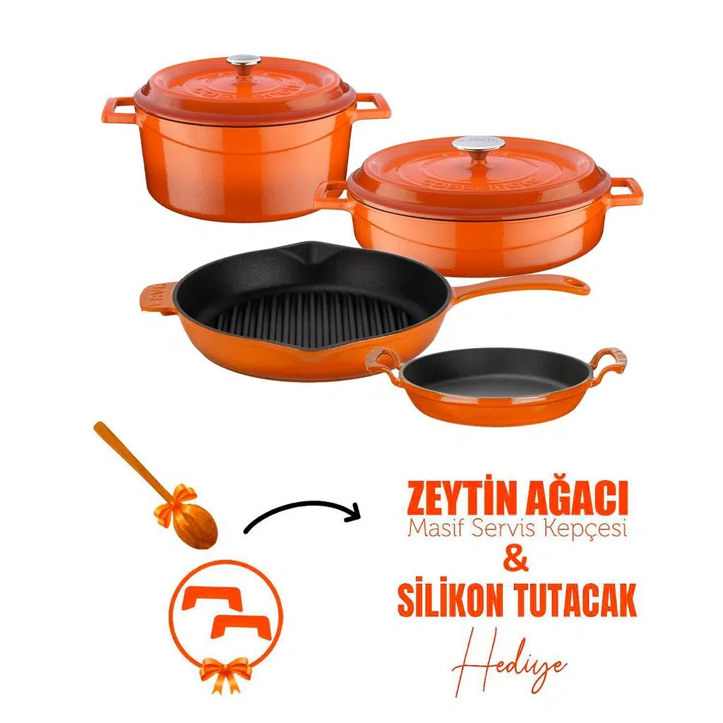 Lava Döküm Çeyiz Seti - Mutfakta Uzun Yıllar Güvenle Kullanım - Turuncu