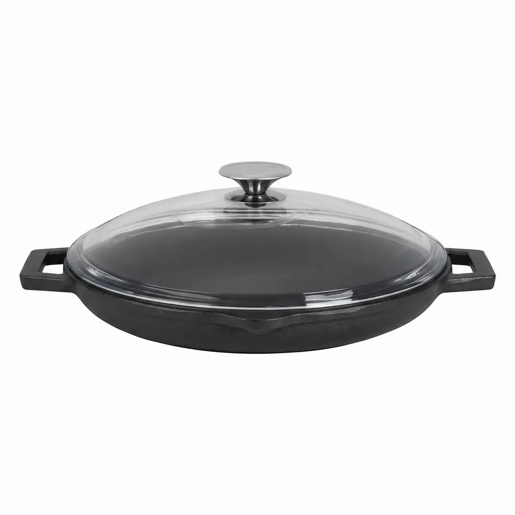 Lava Cast Iron Round Frying Pan. Glass Lid, Dual Handle, Dia. Ø 30cm.